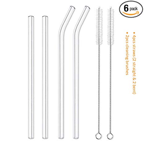 4pcs Glass Straws, 10 mm Wide Diameter Reusable Smooth-friendly Extra Long Drinking Straw for Hot and Cold Drink, Includes 2pcs 8.2 inches Straight, 2pcs 9 inches Bent and 2pcs Cleaning Brushes