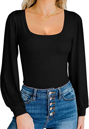 MANGOPOP Square Neck Puff Sleeve Loose Lantern Short Sleeve Long Sleeve Bodysuit for Women for Going Out