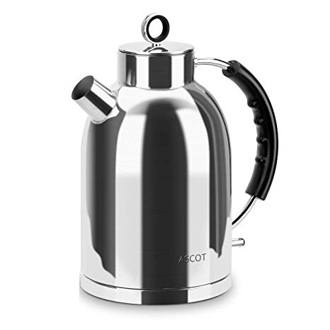 Ascot Electric Kettle, 100% Stainless Steel Hot Water Boiler, 1.7 Quarts 1500W Electric Tea Kettle Fast Heating, Food-Grade Material, Boil Dry Protection & Automatic Shutoff, Chrome Silver