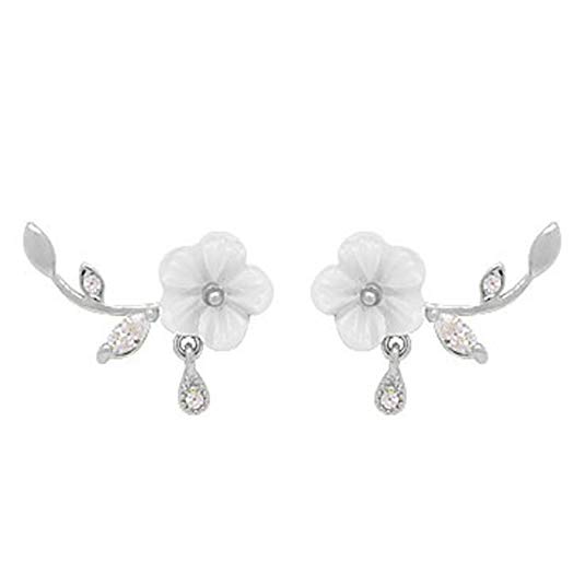 Sanwood Sweet Flower Leaves Rhinestone Pendant Women Ear Stud Earrings Party Jewelry (Silver Color)