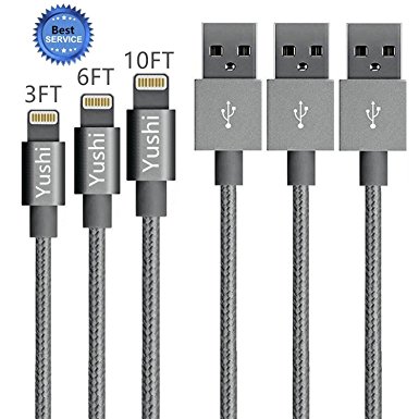 iPhone Cable,Yushi 3Pack 3FT 6FT 10FT Nylon Braided Lightning Cable Cord to USB Charging Charger for iPhone 7/7 Plus/6/6 Plus/6S/6S Plus,SE/5S/5,iPad,iPod (Gray)