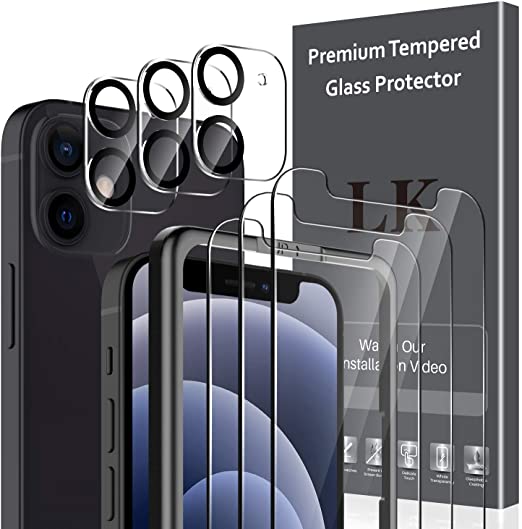 6 Pack LK 3Pcs Screen Protector Compatible with iPhone 12 Mini 5G & 3Pcs Camera Lens Protector Anti-Scratch Easy-Installation Tool Tempered Glass 9H Hardness Compatible with iPhone 12 Mini 5G - 5.4 inch