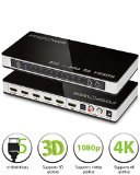 FosPower 5 Ports 5x1 HDMI Audio Extractor Switch Converter with Optical and LR Audio Output - Support Ultra HD 4K x 2K  MHL  3D 1080p  ARC - Includes IR Remote Control and Power Adapter