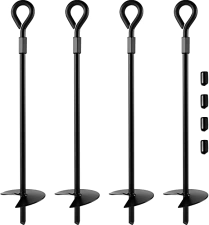 Ground Anchor Kit, Set of 4 Earth Augers, Drill Ready, 15" Long, 3" Wide Helix, 3/8" Diameter Stake Shaft, Spiral Ground Stakes with Removable Ring