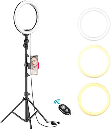 10" Selfie Ring Light with Tripod Stand & Cell Phone Holder for Live Stream/Makeup, Dimmable Led Camera Beuty Ringlight for YouTube Video/Photography Compatible for iPhone and Android Phone (UPGRADED)