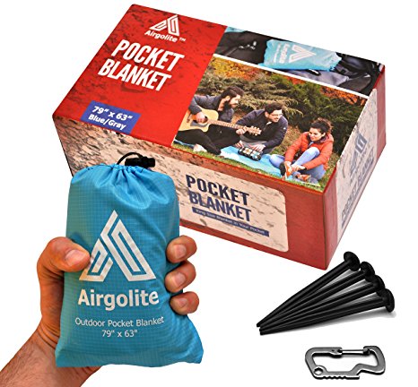 Airgolite Extra Large Pocket Blanket - Light Blue/Gray - Durable Outdoor Thin Ground Cover for Camping, Picnic and Beach. Comes with a set of 4 black stakes & a toolkit carabiner.