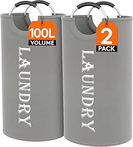 Lifewit 100L 2-Pack Large Laundry Basket, Collapsible Laundry Hamper with Aluminum Handles, Waterproof Freestanding Dirty Clothes Hampers for Laundry Room Bedroom Dorm Bathroom, Silver Grey