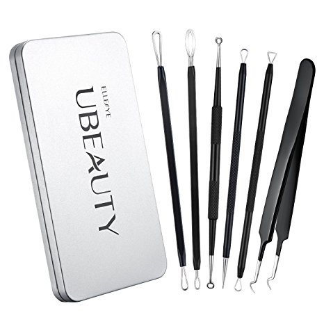ElleSye Blackhead Remover, 5   1 Spot Remover Kit, Comedone Pimple Extractor, Blemish Acne Treatment Tool with Curved Tweezer, Stainless Steel Handle and Silver Metal Case