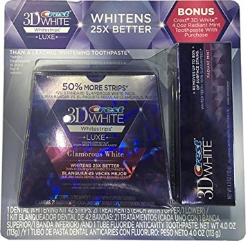 Crest 3D White Whitestrips, Luxe, Glamorous White, 21 Treatments, 42 Total Strips and Crest 3D White Toothpaste, Radiant Mint, 4 oz