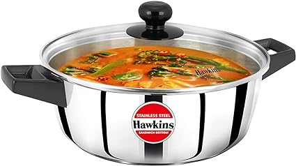 Hawkins 3 Litre Cook n Serve Casserole, Stainless Steel Saucepan with Glass Lid, Induction Pan, Sauce Pan for Cooking and Serving, Black (SSCB30G)