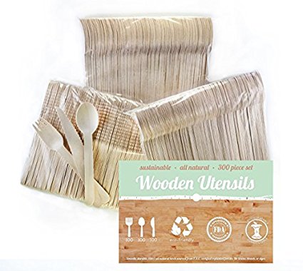 Disposable Wooden Utensils (300pc) by Wood You Rather | Eco Friendly, Biodegradable, All Natural, Non Toxic. Go Green, Reduce Plastic Waste at Home. 100 Forks 100 Knives 100 Spoons. Easy Clean up.