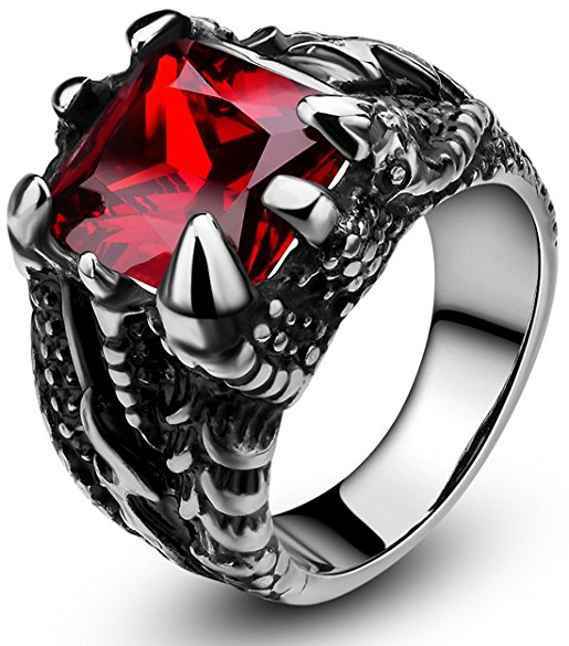 Somen Men's Stainless Steel Ring Gothic Dragon Claw Design with Red Stone