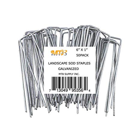 MTB 50 Pack 6" L x 1" W 11GA (0.12") Landscape Staples Galvanized Anti-Rust, Garden Stakes Netting Pins Ground Spikes Sod Cover Pegs (Also Sold as 100Pack/250Pack. Black Carbon Steel Available)