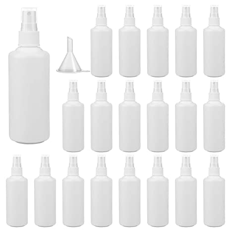 Spray Bottle,Fine Mist Mini white 100ml/3.4oz Spray Bottles,Small Reusable Empty Plastic Bottles with Atomizer Pumps (20 pack,2 Funnels) included)