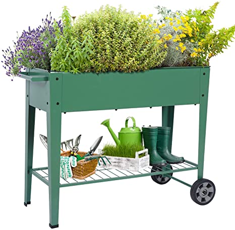 Raised Garden Bed Planter Box with Wheels, Ohuhu Elevated Planters Plant Cart with Drainage Holes for Outdoor Plants, 37x16x31 Inch Planter Boxes with Legs for Vegetable Flower Herb Backyard Patio