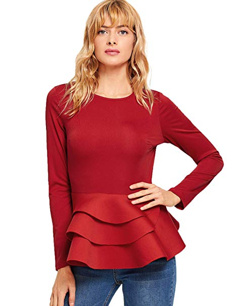 Romwe Women's Vintage Layered Ruffle Hem Slim Fit Round Neck Peplum Blouse