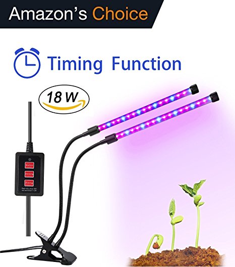 [2018 UPGRADED]Aitere 18W Timer Grow Lights for Indoor Plants/Grow Lamps for Seedlings, Aitere Dual Head 36 LED Chips with Red/Blue Spectrum,Adjustable Gooseneck, 3/6/12H Timer, 5 Dimmable Levels