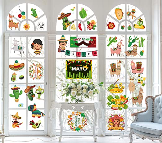 8 Sheets Let's Fiesta Cinco de Mayo Festival Window Clings,Mexican Fiesta Party Dance Window Decals Decorations