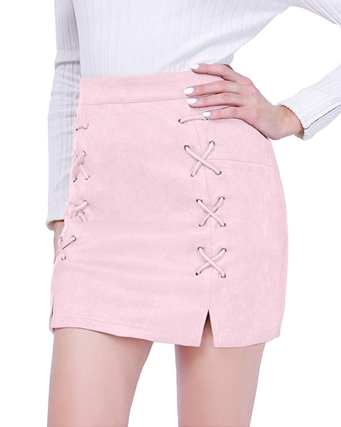DIASHINY Women's High Waist Lace Up A Line Sexy Bodycon Faux Suede Pencil Mini Skirt