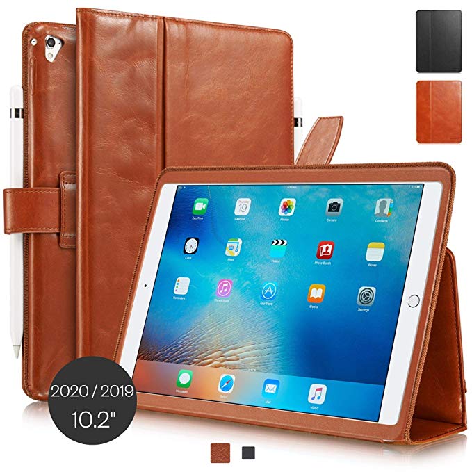 KAVAJ Case Leather Cover London Works with Apple iPad 2019 10.2" Cognac-Brown Genuine Cowhide Leather with Pencil Holder Supports Apple Pencil Slim Fit Smart Folio