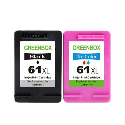 GREENBOX® Remanufactured Ink Cartridges Replacement for HP 61 61 XL, 2 Pack (1 Black, 1 Color) - With Ink Level Display Indicator CC641WN CC644WN