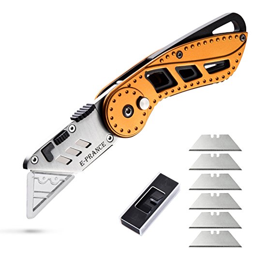 Utility Knife - Heavy Duty Folding Box Cutter, Quick Change Blades, Lock-Back Design, Aluminum Anti-slip Handle with Belt Clip, Pocket-sized Folding Box Knife with 7 Double-sided Blades by E-PRANCE