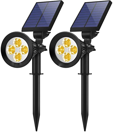 MUCH Warm White Solar Spotlight Auto On/Off Sensor 4 LED Outdoor Waterproof Wall Light for Yard Garden Driveway Pathway Pool (2 Pack)