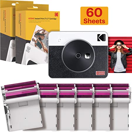 Kodak Mini Shot 3 Retro Camera - Instant Camera and Photo Printer – 2-in-1 Printer Compatible with iOS & Android – Bluetooth – 3x3-inch Real Photo Printer - 4PASS Tech - White - 60 Sheet Bundle