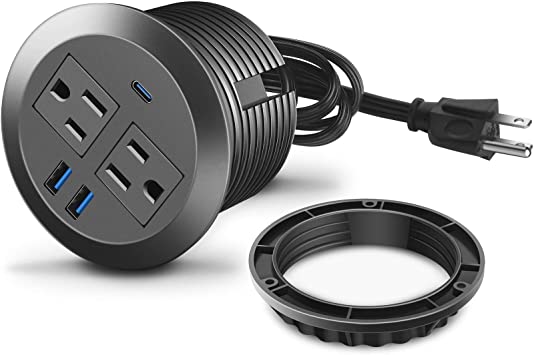 Desk Power Power Grommet,Desktop Power Grommet with USB C,Recessed Power Socket with 2 AC Outlets and 3 USB Charging Ports