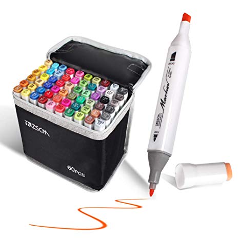 ZSCM 60 Colors Dual Tips Alcohol Based Permanent Marker Pens Highlighters with Case Art Twin Markers for Painting, Coloring, Sketching and Drawing (60 Colors)