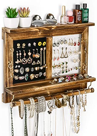 Rustic Jewelry Display Organizer Wall Mounted Mesh Jewelry Organizer, Wall Mounted Rustic Wood Jewelry Organizer Holder with Hooks Shelf for Earrings Necklaces Bracelets Removable Rod for Bracelet