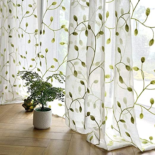 TIYANA Ivy Leaf Embroidered Sheer Panels 96 inch Long Window Crushed Sheer Gauze Curtain Panels Room Curtain Voile Tulle Window Drapery Rod Pocket, 1 Panel, Green Leaf White Sheer, W54 x L96 inch