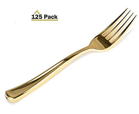 Stock Your Home 125 Disposable Gold Forks Looks Like Gold Plastic Silverware - Solid, Durable, Heavy Duty Cutlery