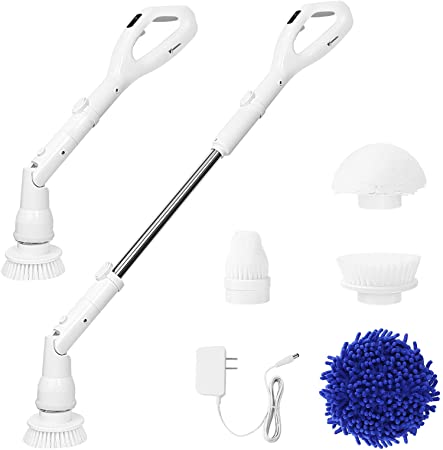 2021 Electric Spin Scrubber, 360 Cordless Shower Scrubber, Power Bathroom Scrubber with 4 Multi-Purpose Replaceable Cleaning Brush Heads and 1 Extension Handle for Bathroom, Tub, Tile, Wall