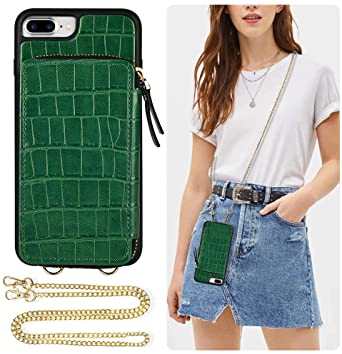 ZVE iPhone 7 Plus Wallet Case, iPhone 8 Plus Case with Ziiper Credit Card Holder Crossbody Chain Strap Protective Crocodile Grain Leather Bumper Cover for Apple iPhone 7 Plus 8 Plus, 5.5 inch - Green
