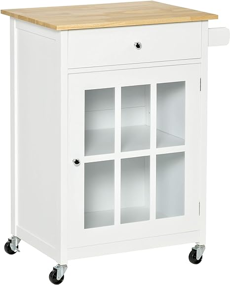 HOMCOM Desserte de Cuisine à roulettes Multi-Rangement - Placard Porte vitrée avec étagère réglable, tiroir, Porte-torchon - Blanc Aspect chêne Clair