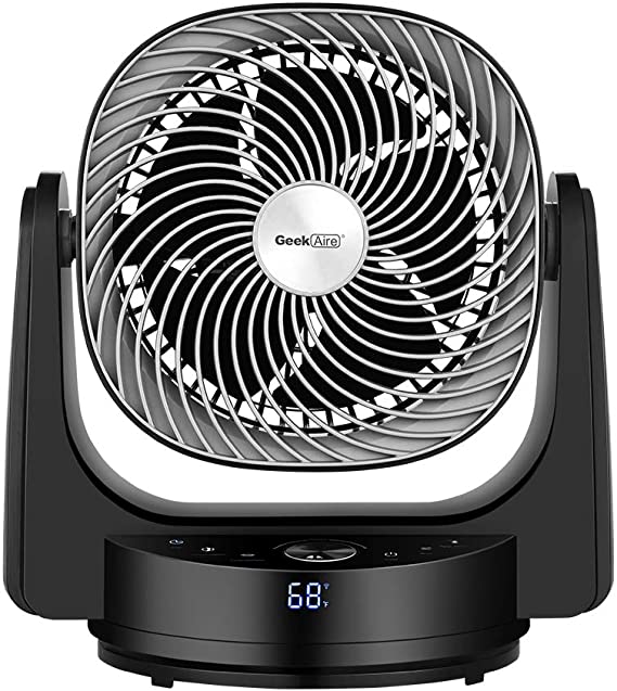 Geek Aire Fan, Air Circulator 3D Oscillating Floor Fan, High Velocity Table Fan with 4 Speeds, 6h Timer, AI Mode, Cooling Fan Compatible with Alexa, Google, App and Remote Control, Black