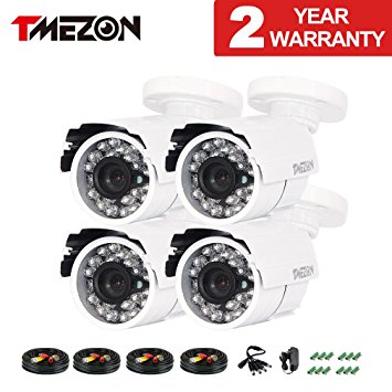TMEZON 4 Pack 800TVL 960h HAD IR Cut 24 Infrared Lens CCTV Bullet HD Home Surveillance Security Camera Indoor/Outdoor Weatherproof Day Night Vision 3.6mm White