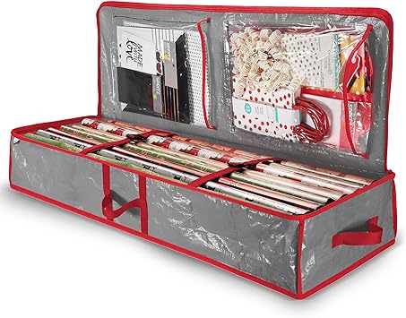 ZOBER Underbed Gift Wrap Organizer-Non Woven, Interior Pockets, fits 18-24 Standard Rolls, Underbed Storage, Wrapping Paper Storage Box and Holiday Accessories, 40” Long - Tear Proof Fabric