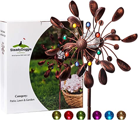 Solar Wind Spinner Jewel Cup 190cm tall -360 Degrees Swivel Multi-Color LED Lighting Solar Powered Glass Ball with Kinetic Wind Spinner Dual Direction-Metal Sculpture Construction for Patio Lawn & Garden