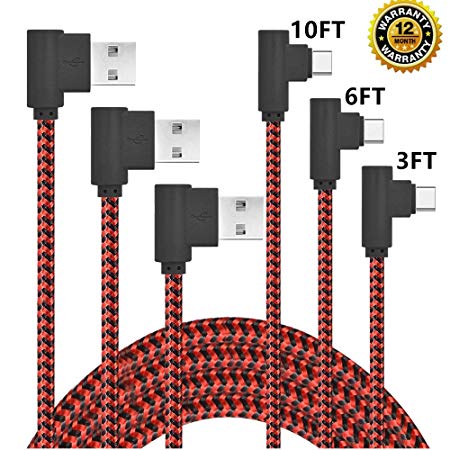 USB Type C Cable, CTREEY 90 Degree 3 Pack 3ft 6ft 10ft Nylon Braided Long Cord USB Type A to C Charger for Macbook, LG G6 V20,Google Pixel, Nexus 6P, Nintendo Switch, Samsung Galaxy S8  (Red/Black)