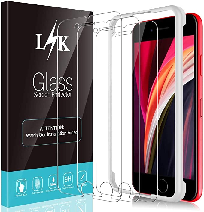 [3 Pack] L K Screen Protector for iPhone SE (2020) [4.7 inch] Tempered Glass [Installation Kit Included] HD Clear Anti-Scratch, Bubble Free