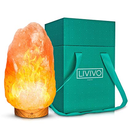 LIVIVO Deluxe 5-6KG Himalayan Rock Salt Lamp with Flickering Flame Effect LED, Dimmer, Unique Buttonless Design with Tap Induction Control on Wooden Base