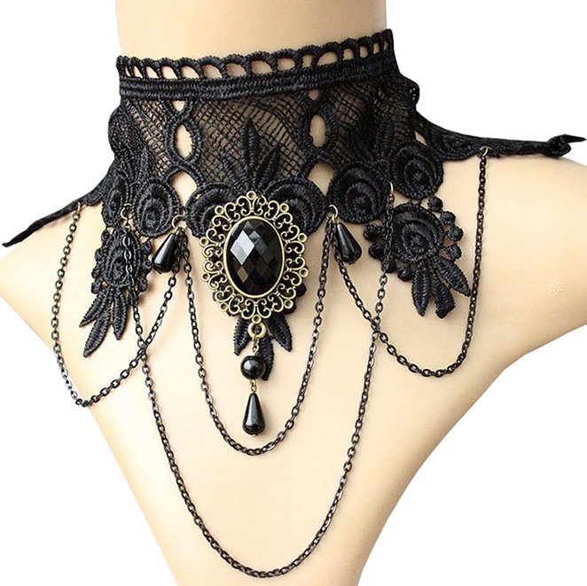 Punk Style Wedding Party Black Lace Choker Beads Tassels Chain Pendant Necklace for Women