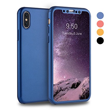 iPhone X Case, iPhone 10 Case, VANSIN 360 Full Body Protection Hard Slim Case Coated Non Slip Matte Surface with Tempered Glass Screen Protector for Apple iPhone X (2017) - Navy Blue