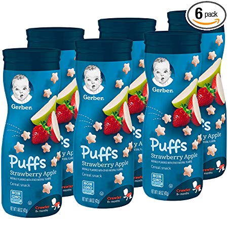 Gerber Graduates Puffs Cereal Snack, Strawberry Apple, Naturally Flavored with Other Natural Flavors, 1.48 Ounce, 6 Count(Packaging may vary)