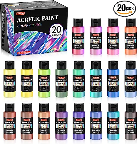 Shuttle Art Color Change Acrylic Paint, 20 Chameleon Colors Acrylic Paint, 60ml/2oz Bottles, Iridescent Paint for Artists, Beginners, Kids Painting & Crafting on Canvas, Rocks, Wood, Fabric, Ceramic