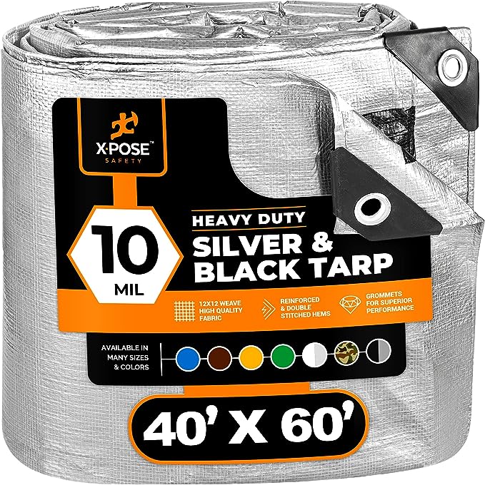 Heavy Duty Poly Tarp - 40' x 60' - 10 Mil Thick Waterproof, UV Blocking Protective Cover - Reversible Silver and Black - Laminated Coating - Grommets - by Xpose Safety