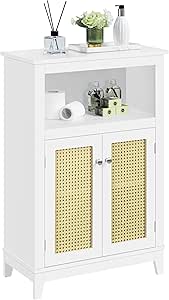 Yaheetech Bathroom Floor Cabinet with Rattan Doors, Freestanding Storage Cabinet with Adjustable Shelf, 60L×30W×90.5H cm