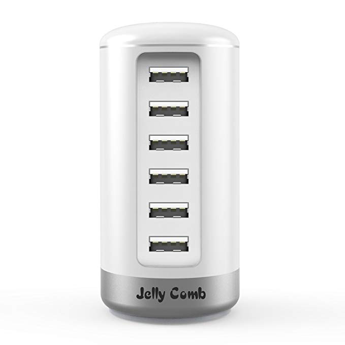 Jelly Comb USB Charger, 6-Port USB Charging Stations with UK Plug Mains iSmart Tower Charge for Tablets, Smart Phones, and other Devices - White